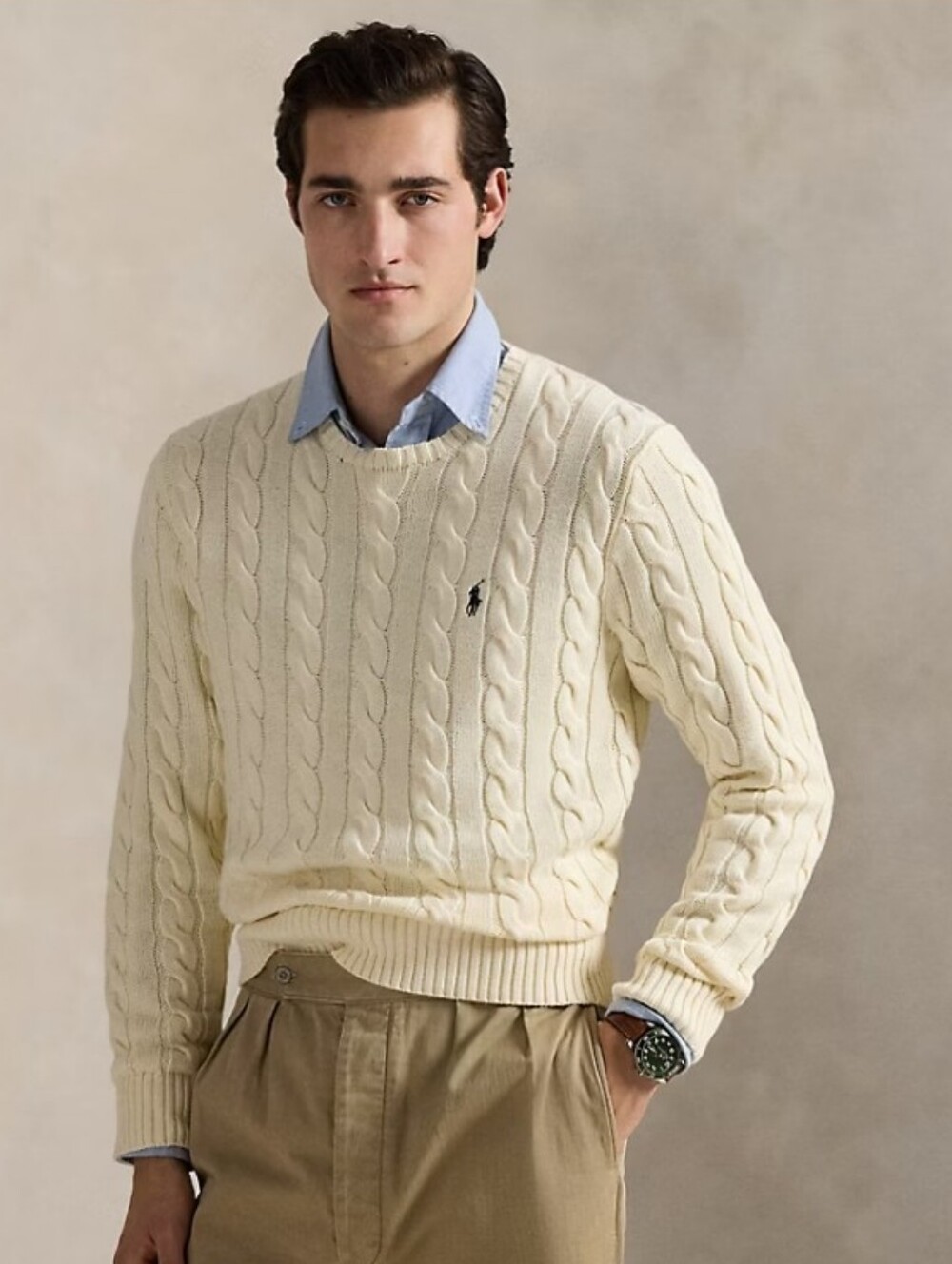 Ralph Lauren Cream Cable-Knit Crewneck Sweater In Beige With Brown Logo Size XL
